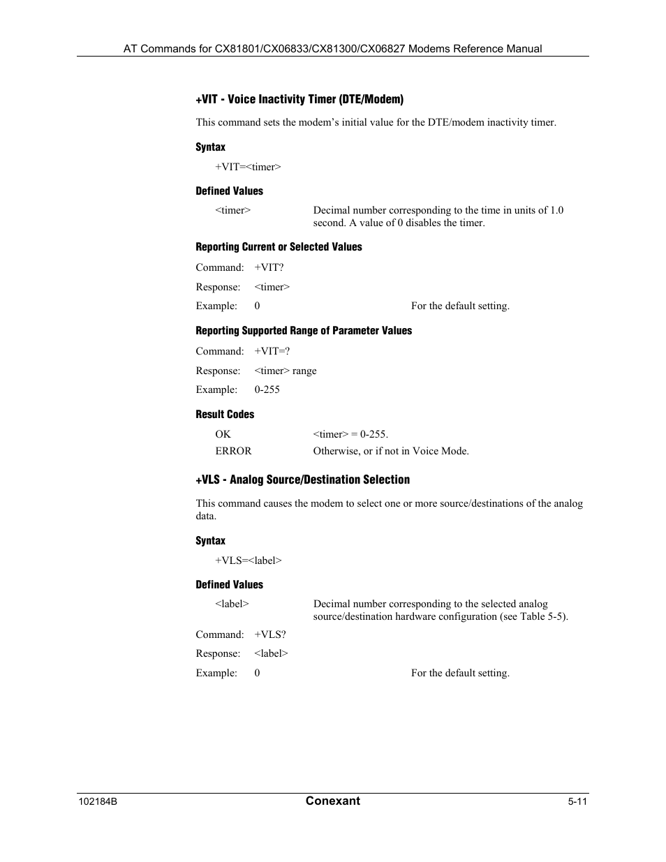 Vtx - start modem transmit (playback), Syntax, Result codes | Vgr - voice gain receive (record gain), Reporting current or selected values, Reporting supported range of parameter values | Comtrol AT Commands User Manual | Page 187 / 206