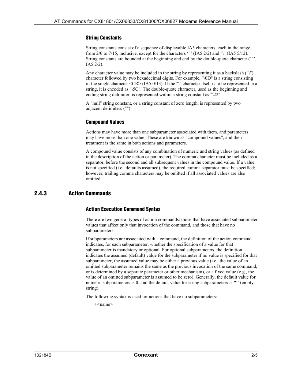 String constants, Compound values, Action commands | Action execution command syntax | Comtrol AT Commands User Manual | Page 19 / 206