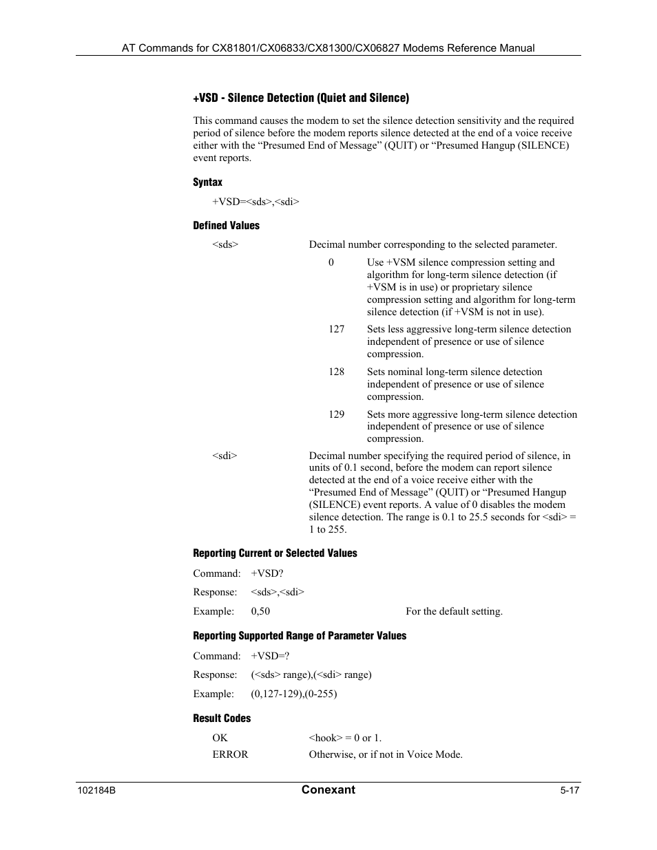 Vra - ringback goes away timer, Syntax, Defined values | Reporting current or selected values, Reporting supported range of parameter values, Result codes | Comtrol AT Commands User Manual | Page 193 / 206