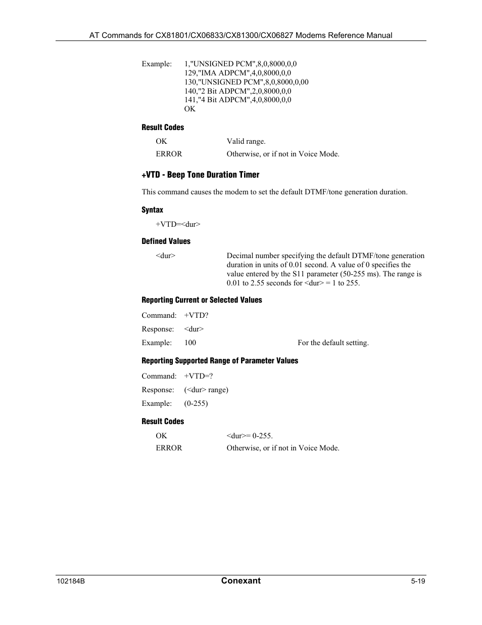 Vsd - silence detection (quiet and silence), Syntax, Defined values | Reporting current or selected values, Reporting supported range of parameter values, Result codes | Comtrol AT Commands User Manual | Page 195 / 206