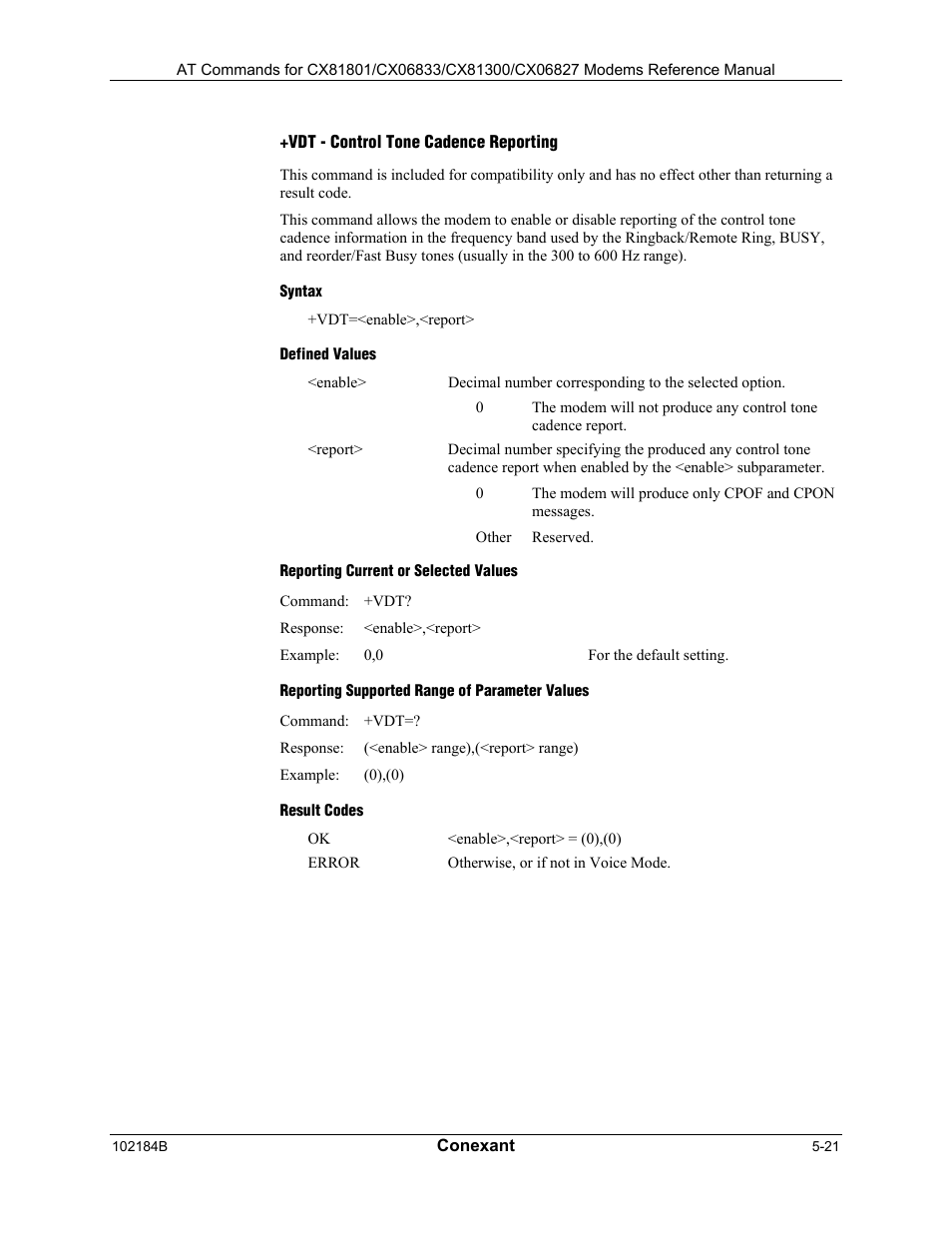 Result codes, Vtd - beep tone duration timer, Syntax | Defined values, Reporting current or selected values, Reporting supported range of parameter values | Comtrol AT Commands User Manual | Page 197 / 206