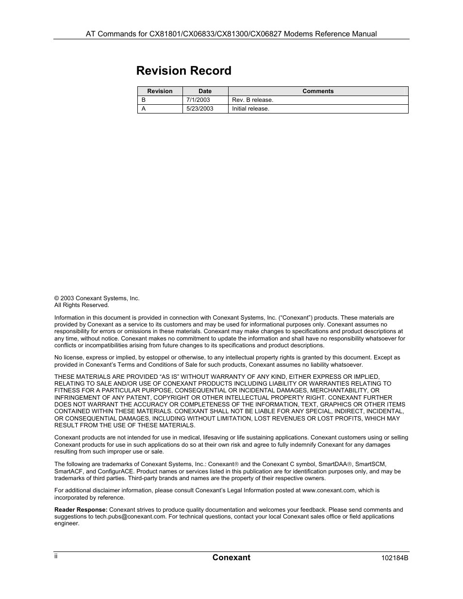 Revision record, Conexant | Comtrol AT Commands User Manual | Page 2 / 206