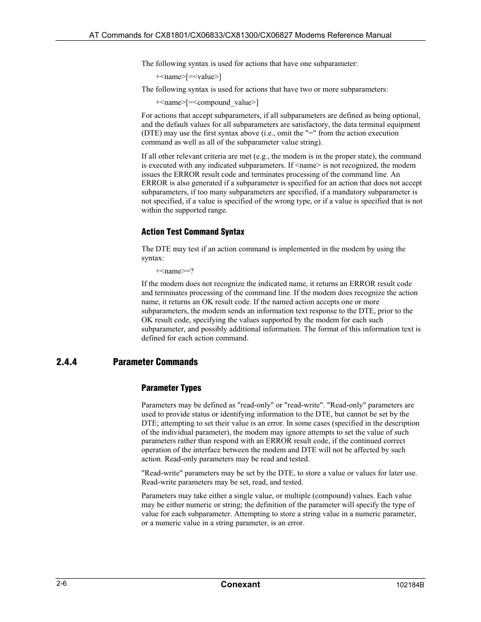 Action test command syntax, Parameter commands, Parameter types | Comtrol AT Commands User Manual | Page 20 / 206