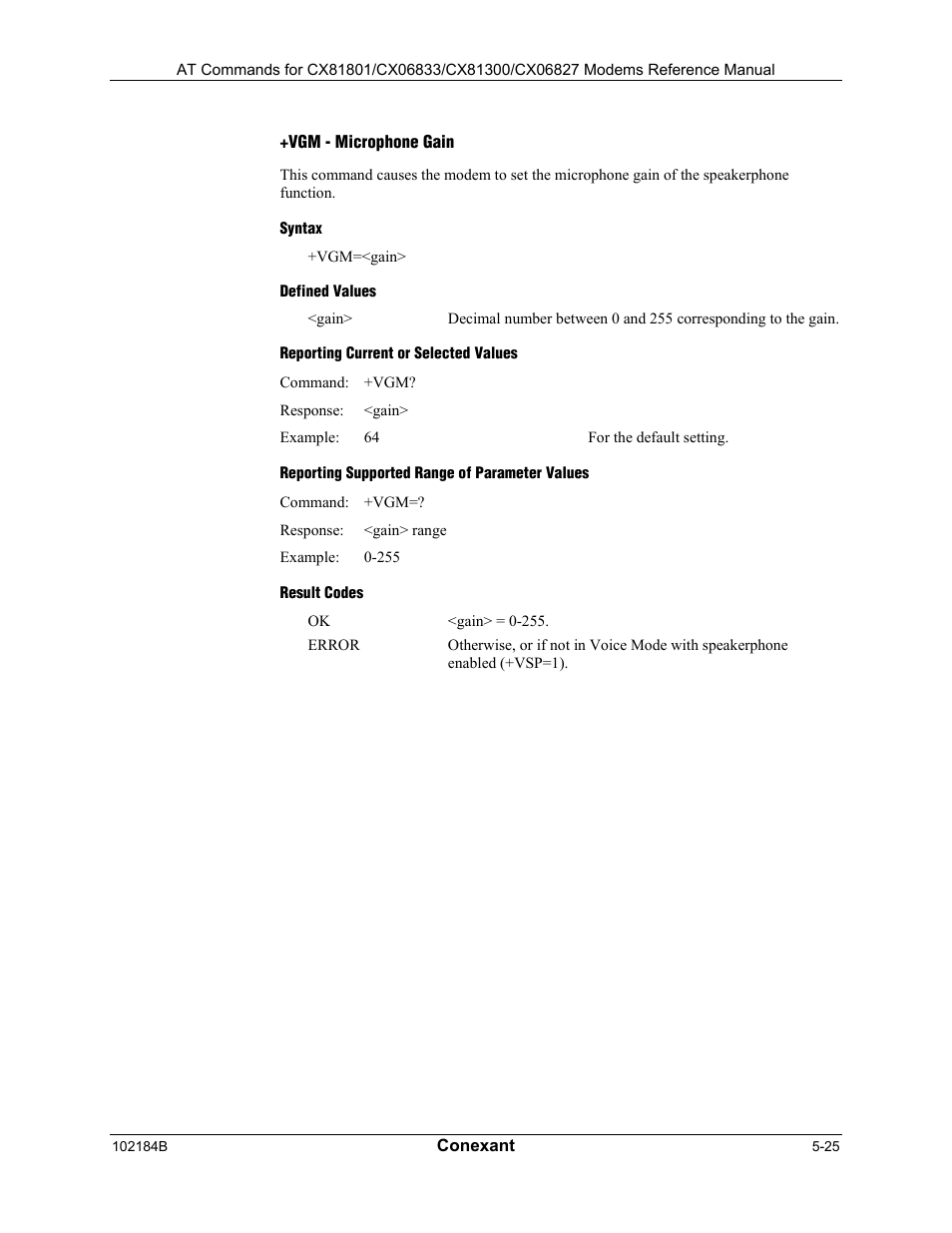 Speakerphone commands, Vsp - speakerphone on/off, Syntax | Defined values, Reporting current or selected values, Reporting supported range of parameter values, Result codes | Comtrol AT Commands User Manual | Page 201 / 206