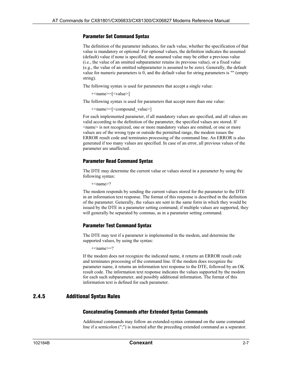 Parameter set command syntax, Parameter read command syntax, Parameter test command syntax | Additional syntax rules | Comtrol AT Commands User Manual | Page 21 / 206