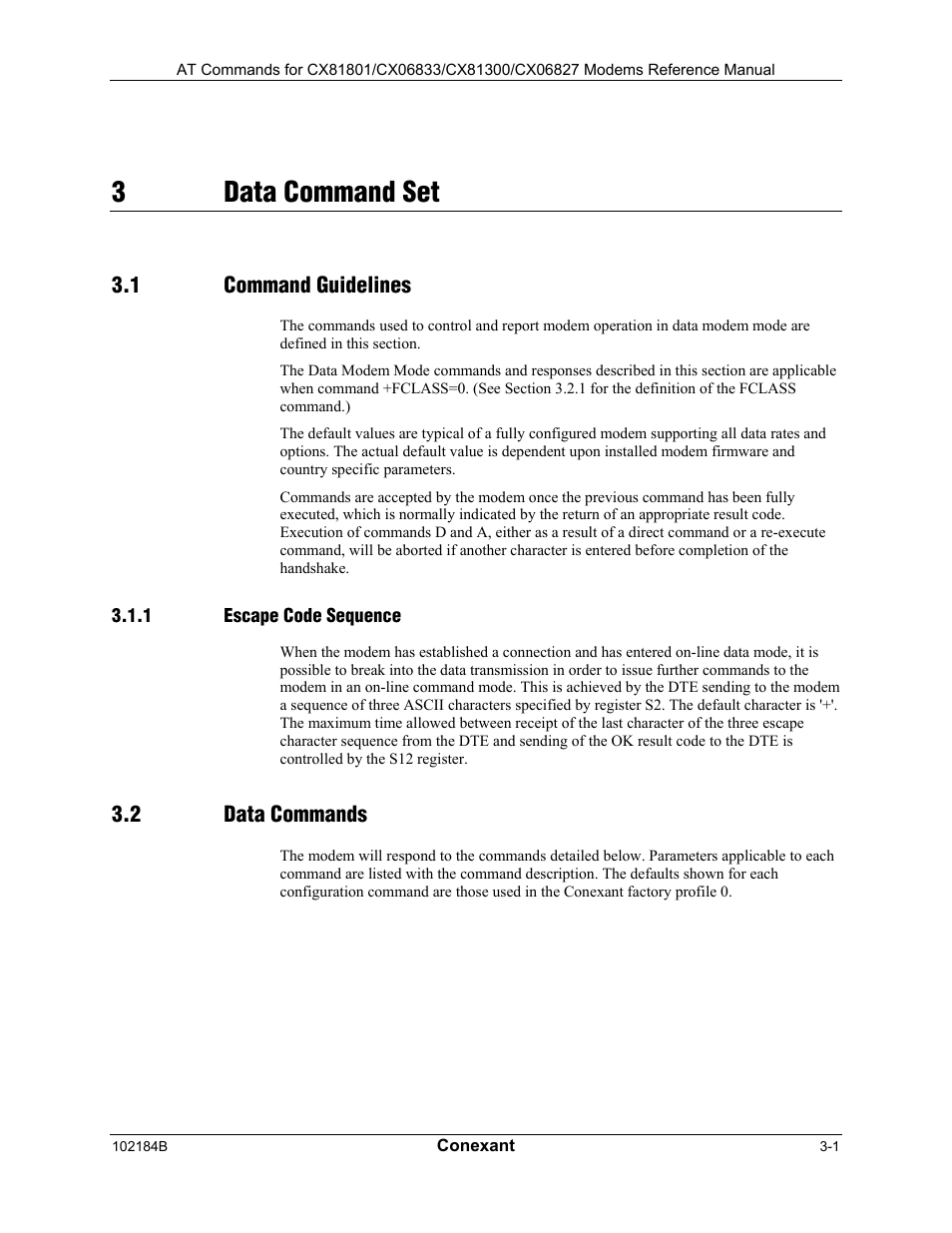 Data command set, Command guidelines, Escape code sequence | Data commands, 3data command set | Comtrol AT Commands User Manual | Page 27 / 206