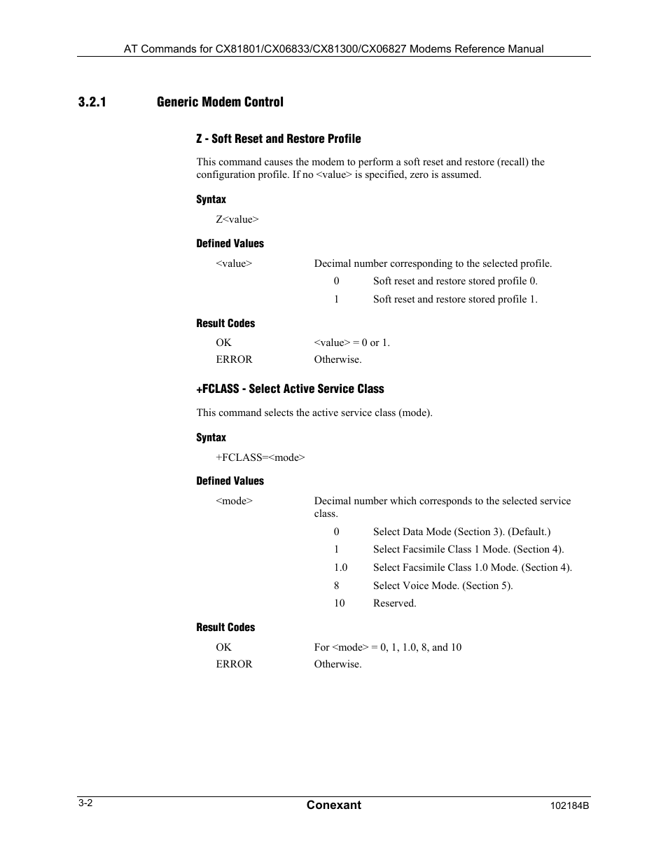 Generic modem control, Z - soft reset and restore profile, Syntax | Defined values, Result codes, Fclass - select active service class | Comtrol AT Commands User Manual | Page 28 / 206