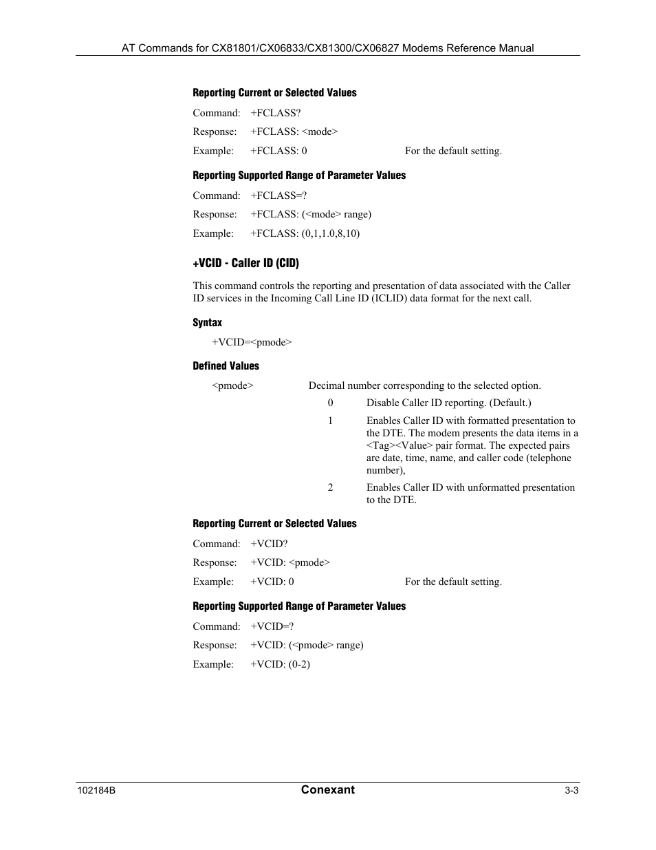 Reporting current or selected values, Reporting supported range of parameter values, Vcid - caller id (cid) | Syntax, Defined values | Comtrol AT Commands User Manual | Page 29 / 206