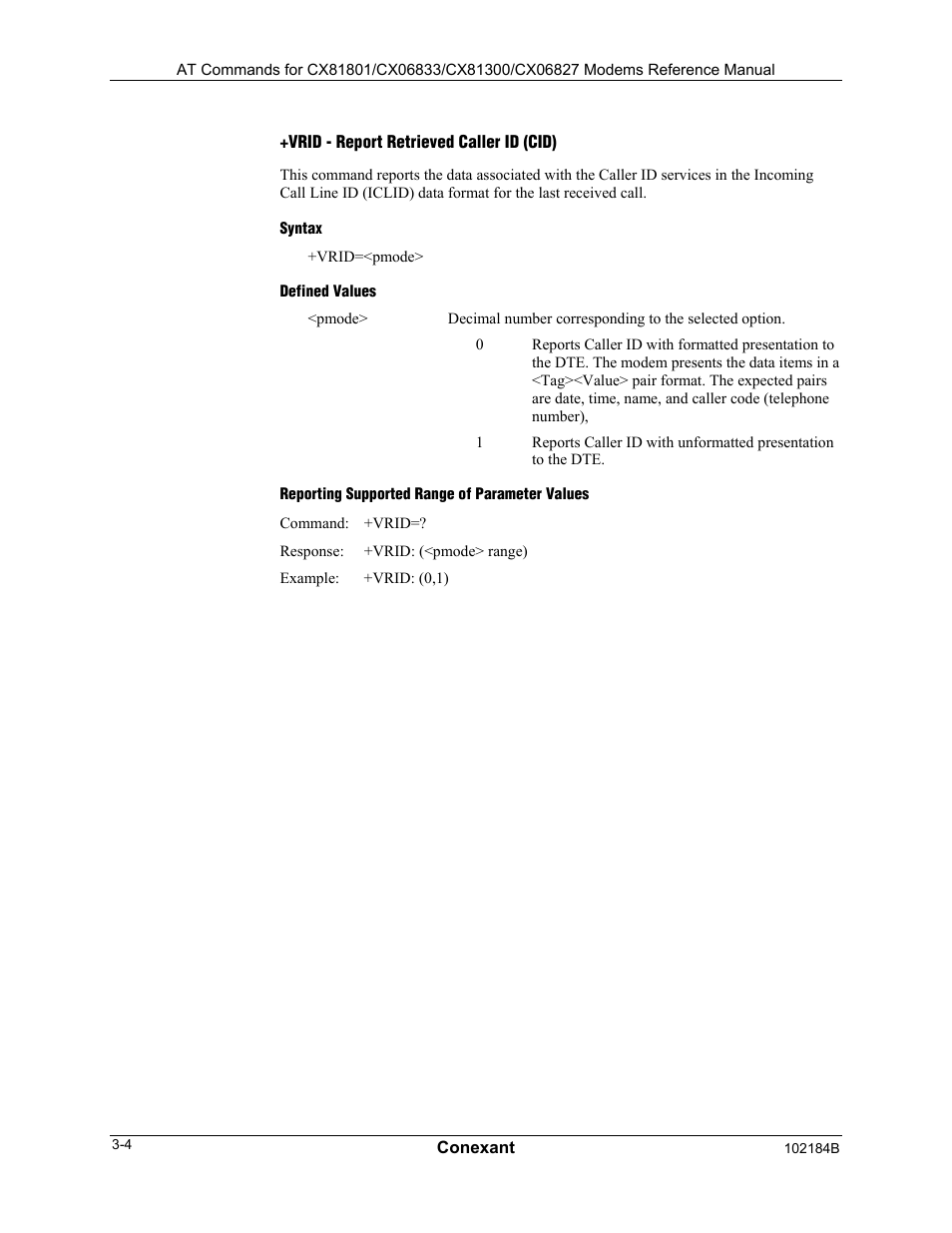 Vrid - report retrieved caller id (cid), Syntax, Defined values | Reporting supported range of parameter values | Comtrol AT Commands User Manual | Page 30 / 206