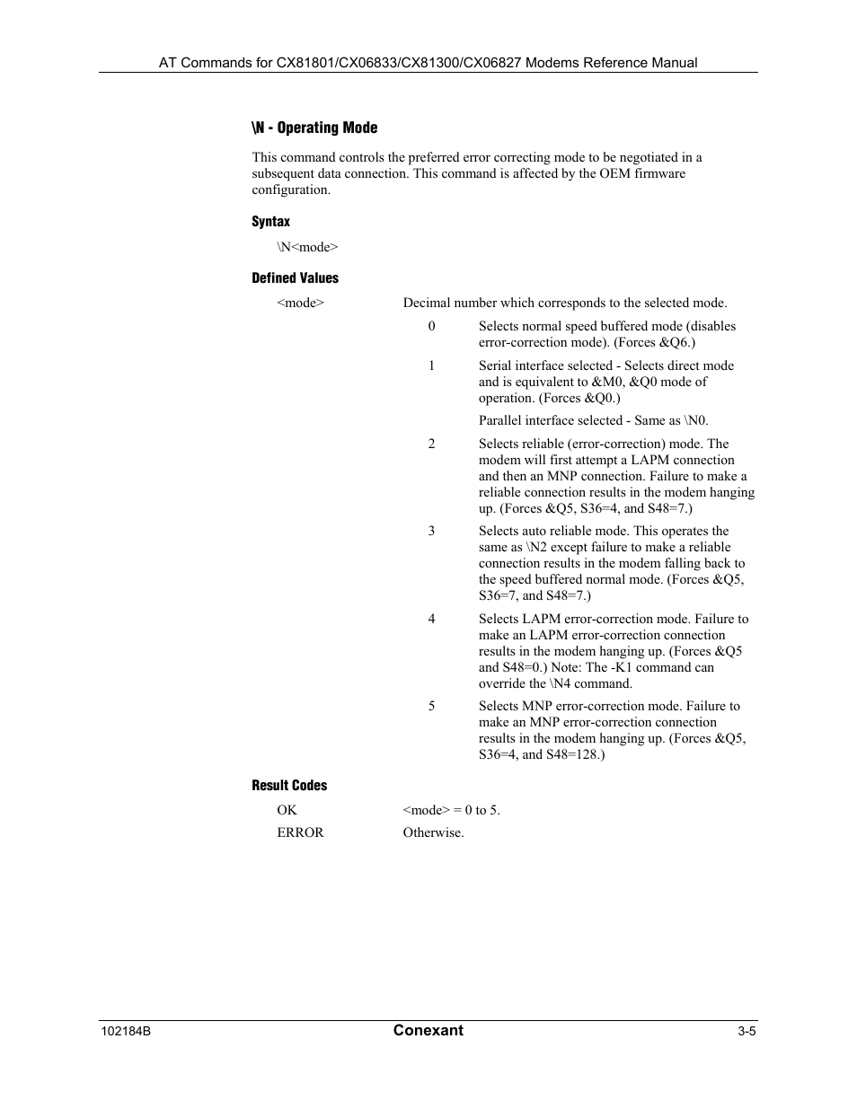 N - operating mode, Syntax, Defined values | Result codes | Comtrol AT Commands User Manual | Page 31 / 206