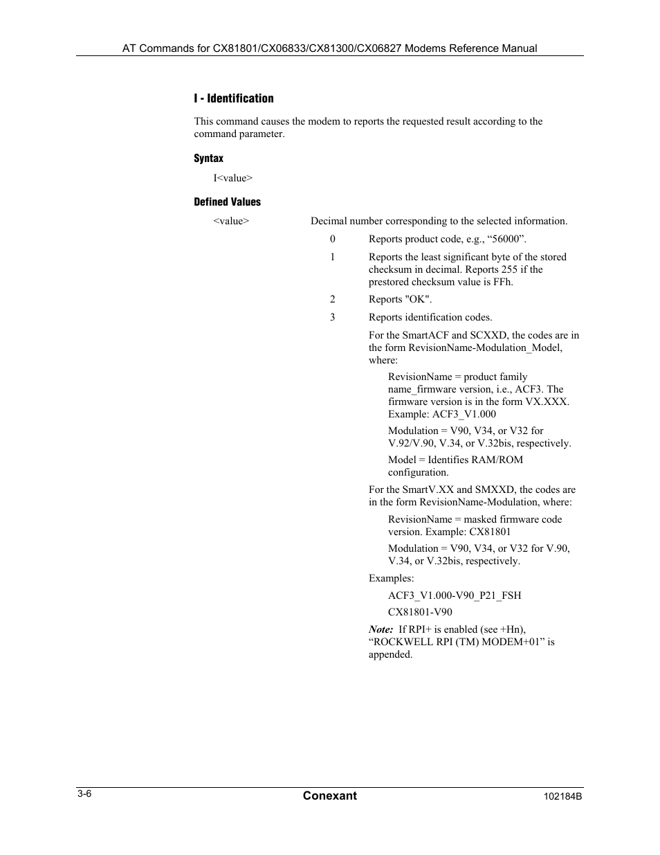 I - identification, Syntax, Defined values | Comtrol AT Commands User Manual | Page 32 / 206
