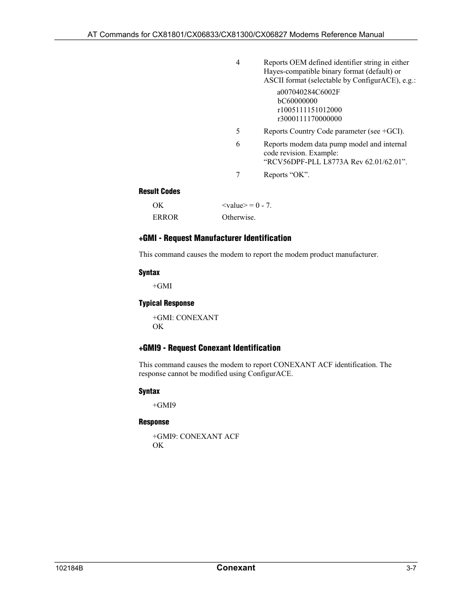 Result codes, Gmi - request manufacturer identification, Syntax | Typical response, Gmi9 - request conexant identification, Response | Comtrol AT Commands User Manual | Page 33 / 206