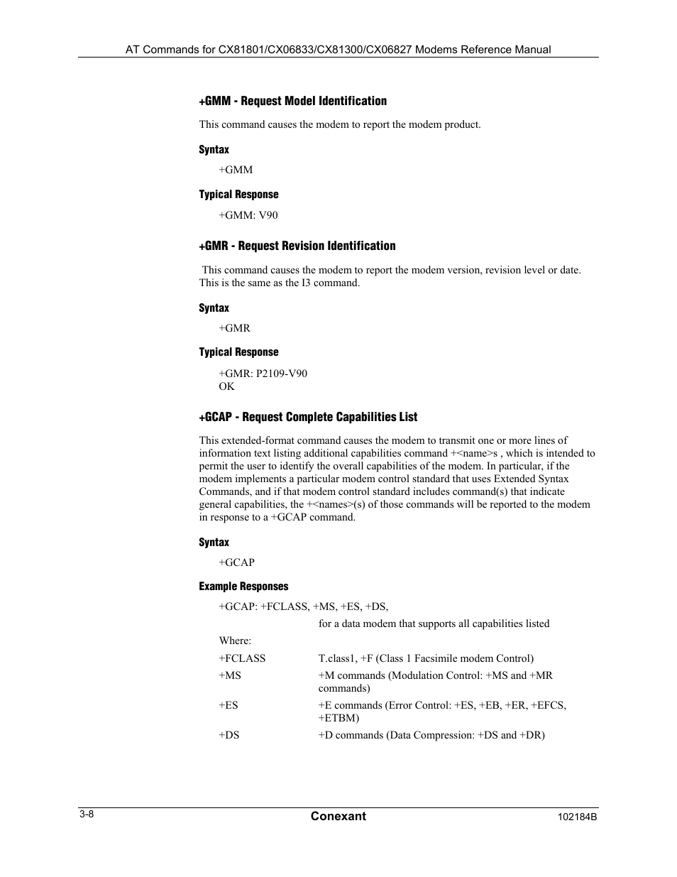 Gmm - request model identification, Syntax, Typical response | Gmr - request revision identification, Gcap - request complete capabilities list, Example responses | Comtrol AT Commands User Manual | Page 34 / 206
