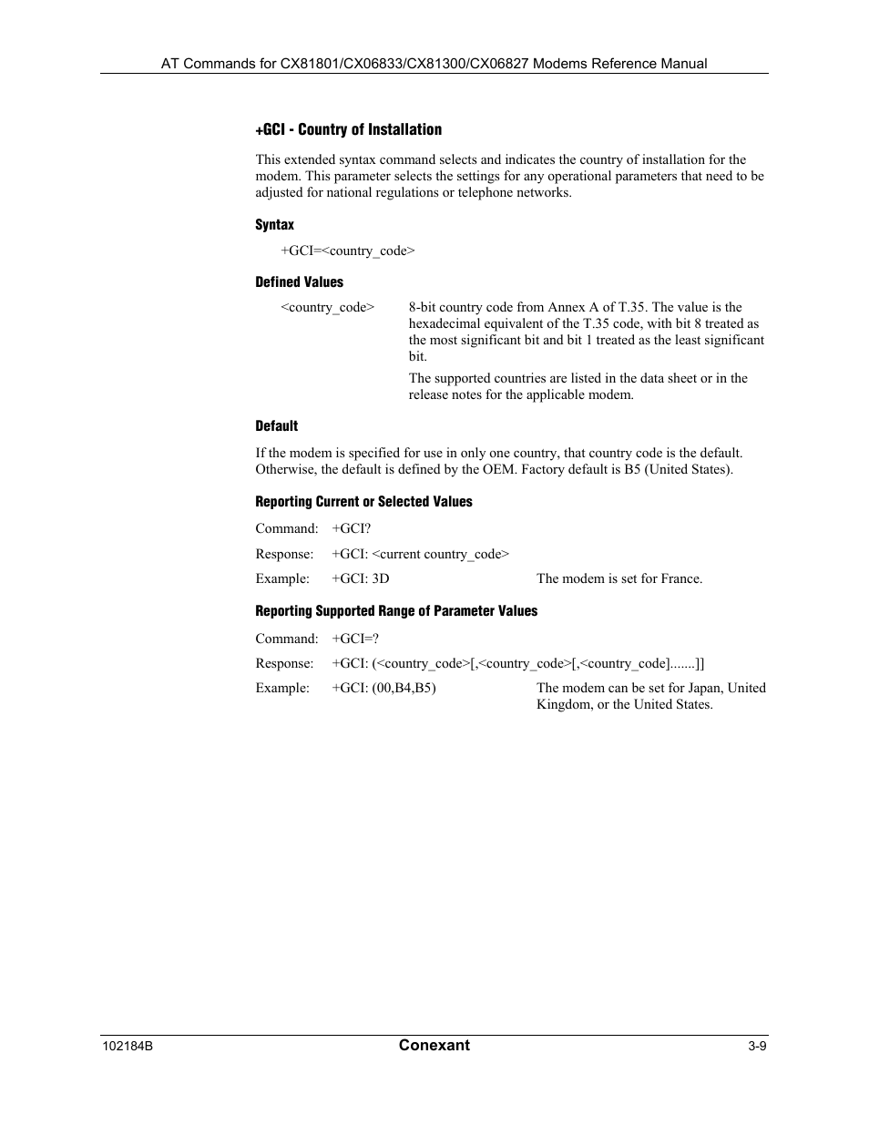 Gci - country of installation, Syntax, Defined values | Default, Reporting current or selected values, Reporting supported range of parameter values | Comtrol AT Commands User Manual | Page 35 / 206