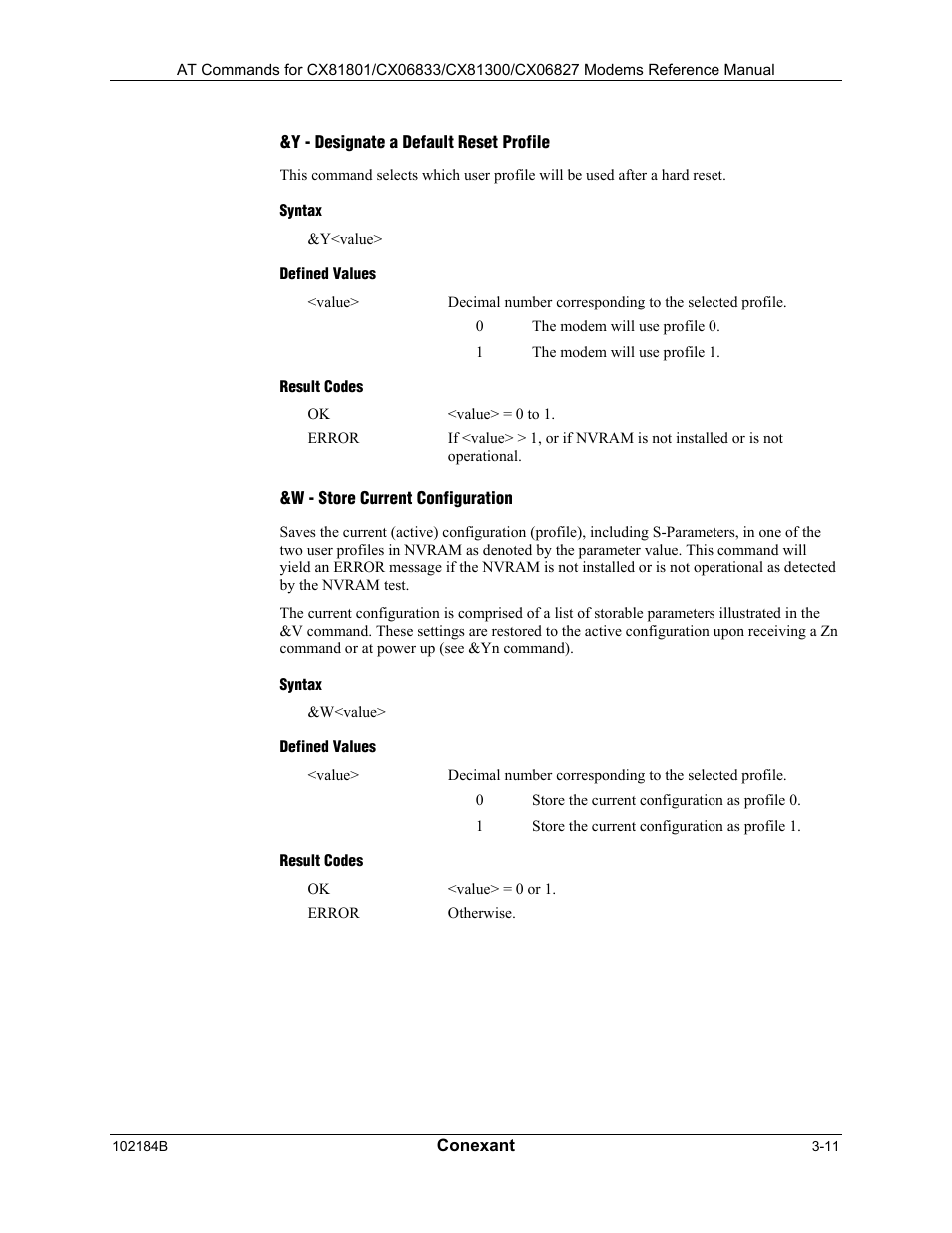 Y - designate a default reset profile, Syntax, Defined values | Result codes, W - store current configuration | Comtrol AT Commands User Manual | Page 37 / 206