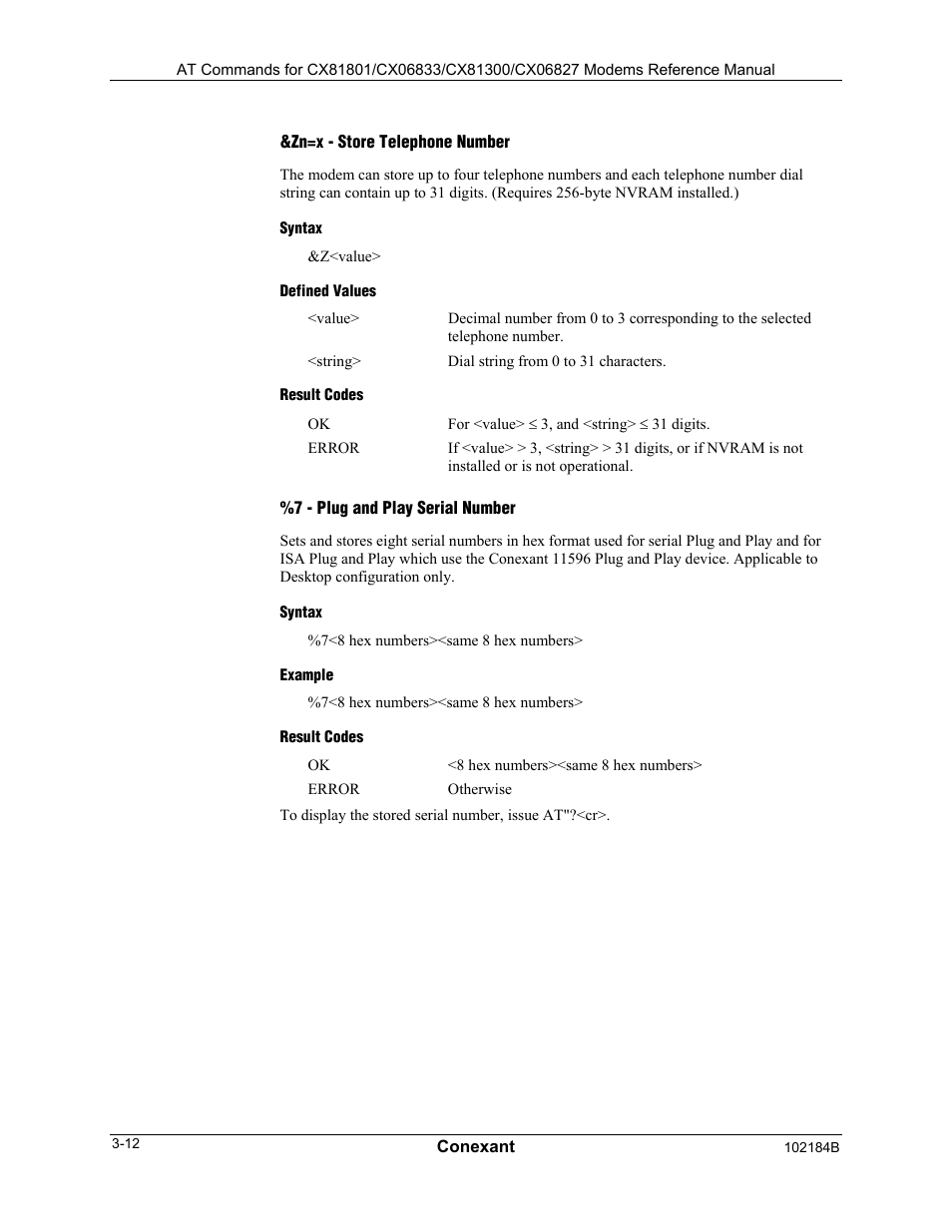 Zn=x - store telephone number, Syntax, Defined values | Result codes, 7 - plug and play serial number, Example | Comtrol AT Commands User Manual | Page 38 / 206