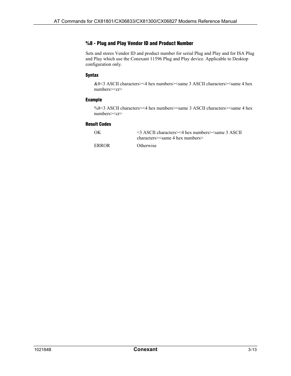 8 - plug and play vendor id and product number, Syntax, Example | Result codes | Comtrol AT Commands User Manual | Page 39 / 206