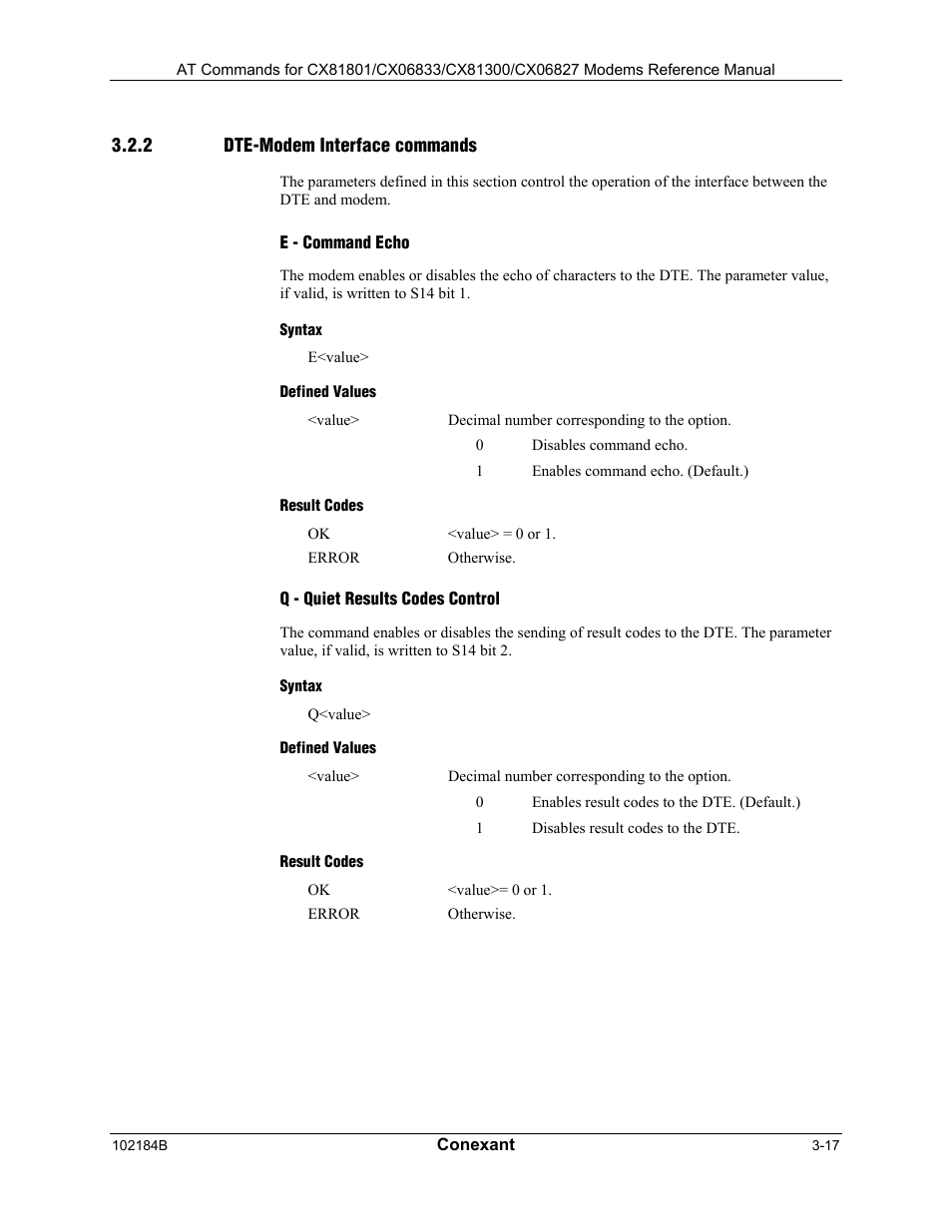 Dte-modem interface commands, E - command echo, Syntax | Defined values, Result codes, Q - quiet results codes control | Comtrol AT Commands User Manual | Page 43 / 206