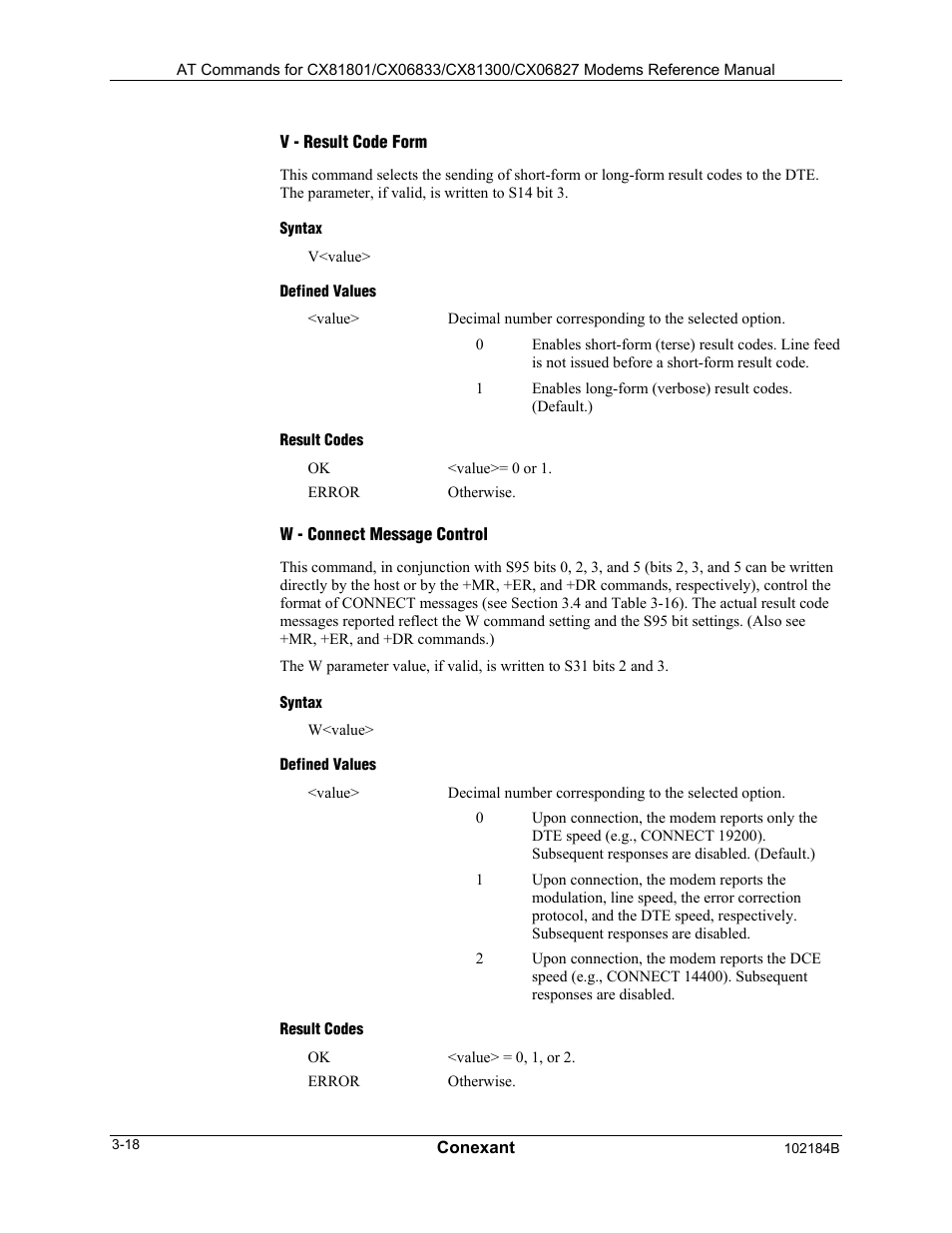 V - result code form, Syntax, Defined values | Result codes, W - connect message control | Comtrol AT Commands User Manual | Page 44 / 206