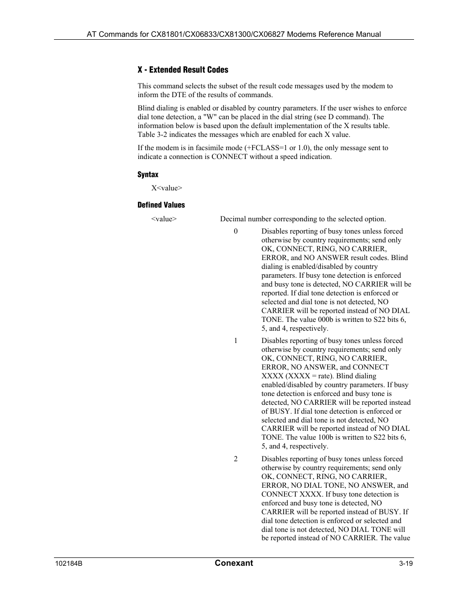 X - extended result codes, Syntax, Defined values | Comtrol AT Commands User Manual | Page 45 / 206