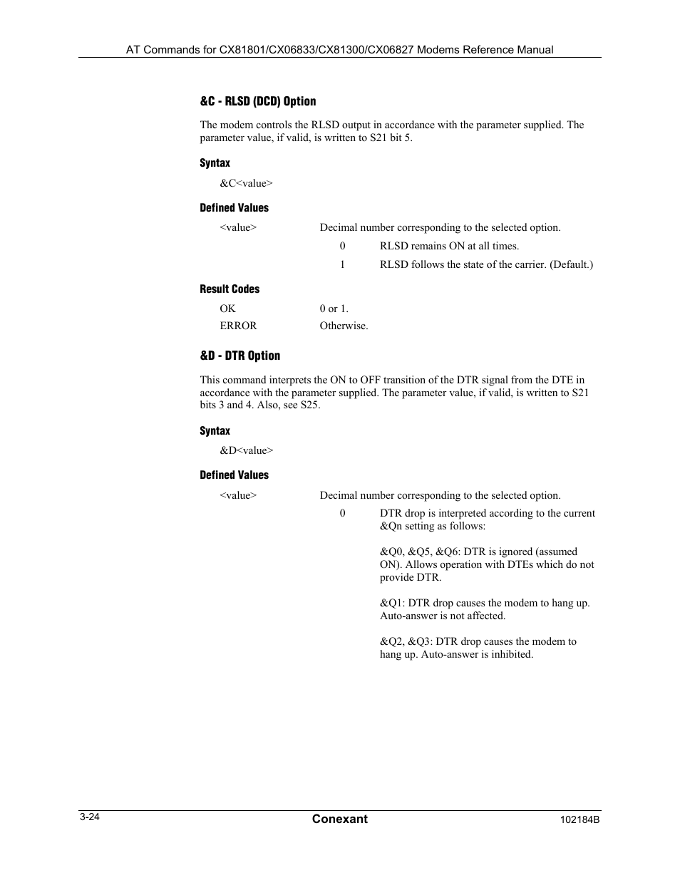 C - rlsd (dcd) option, Syntax, Defined values | Result codes, D - dtr option | Comtrol AT Commands User Manual | Page 50 / 206