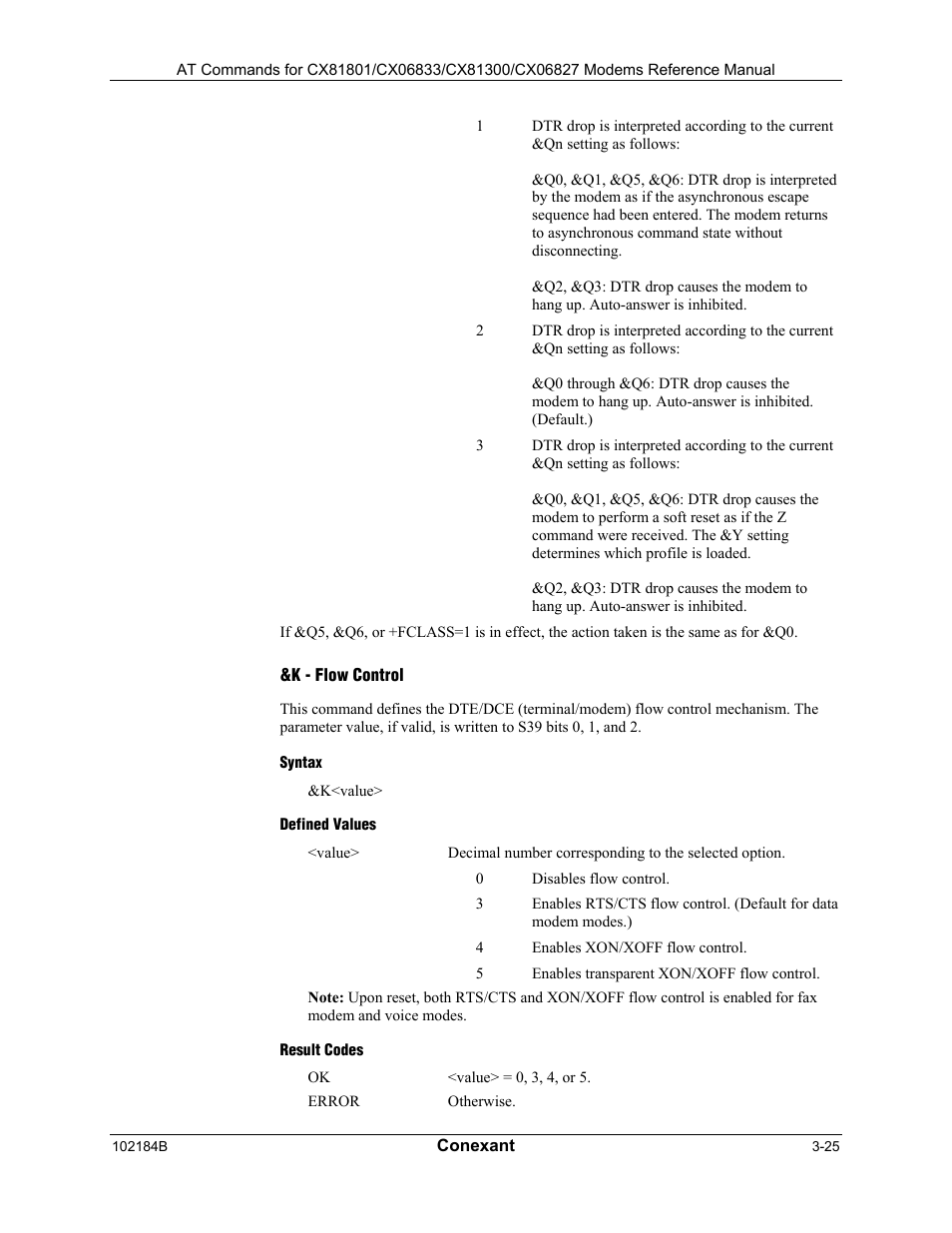 K - flow control, Syntax, Defined values | Result codes | Comtrol AT Commands User Manual | Page 51 / 206