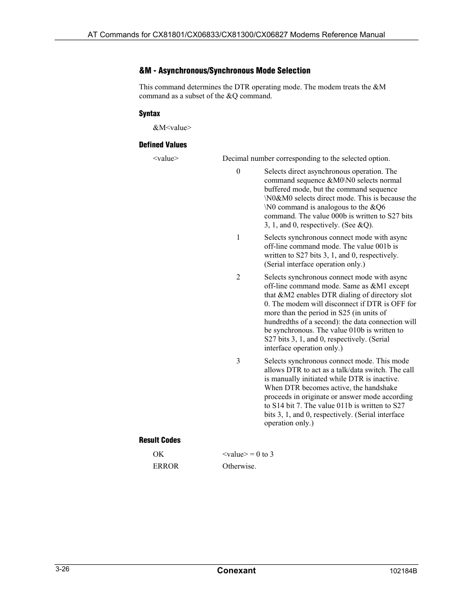 M - asynchronous/synchronous mode selection, Syntax, Defined values | Result codes | Comtrol AT Commands User Manual | Page 52 / 206