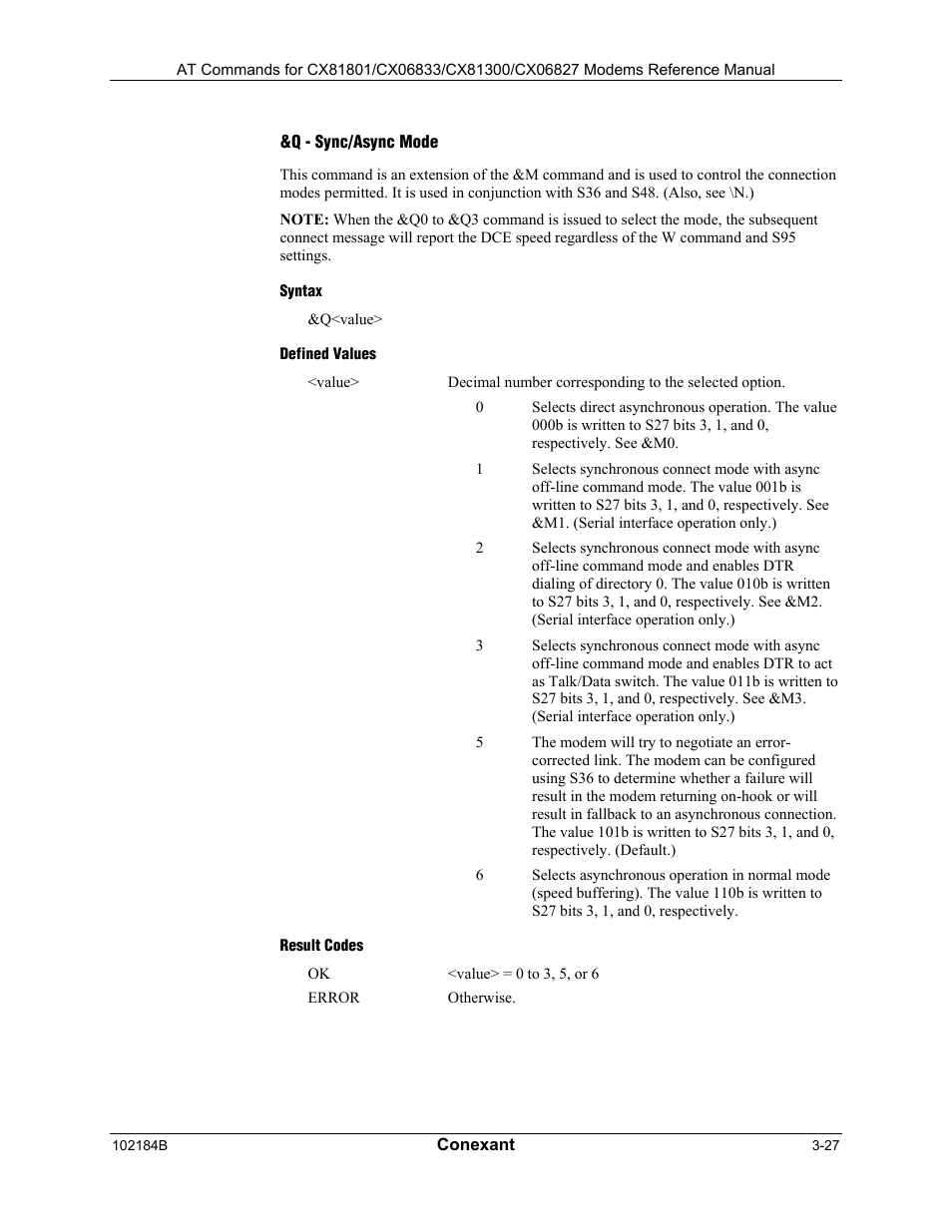 Q - sync/async mode, Syntax, Defined values | Result codes | Comtrol AT Commands User Manual | Page 53 / 206
