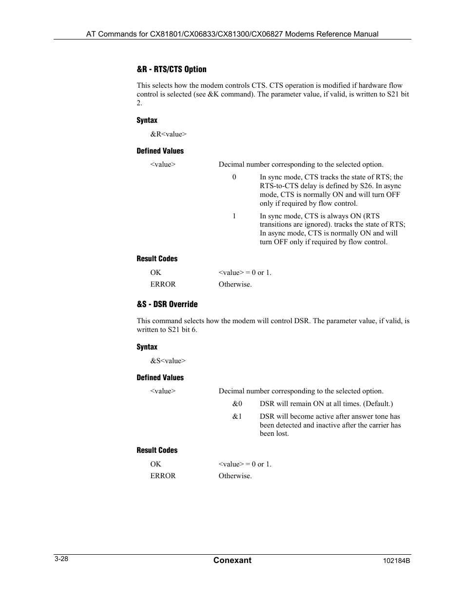 R - rts/cts option, Syntax, Defined values | Result codes, S - dsr override | Comtrol AT Commands User Manual | Page 54 / 206