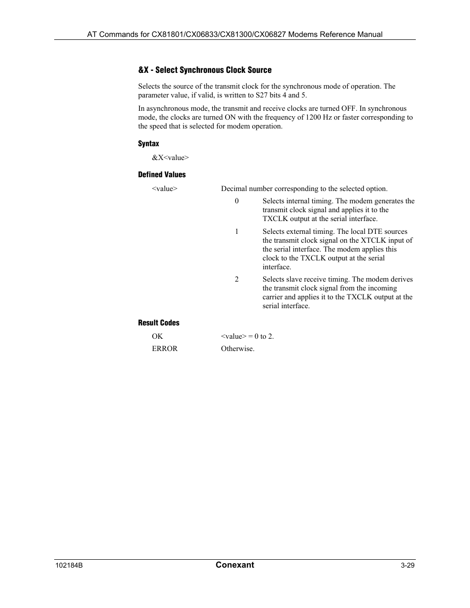X - select synchronous clock source, Syntax, Defined values | Result codes | Comtrol AT Commands User Manual | Page 55 / 206