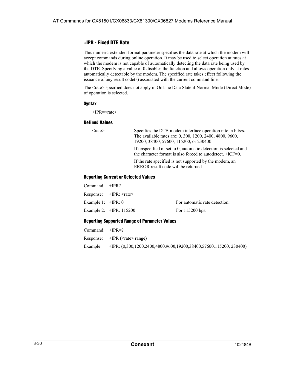 Ipr - fixed dte rate, Syntax, Defined values | Reporting current or selected values, Reporting supported range of parameter values | Comtrol AT Commands User Manual | Page 56 / 206