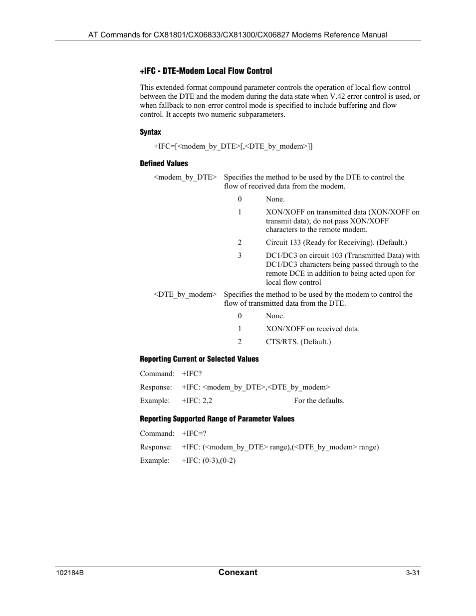 Ifc - dte-modem local flow control, Syntax, Defined values | Reporting current or selected values, Reporting supported range of parameter values | Comtrol AT Commands User Manual | Page 57 / 206