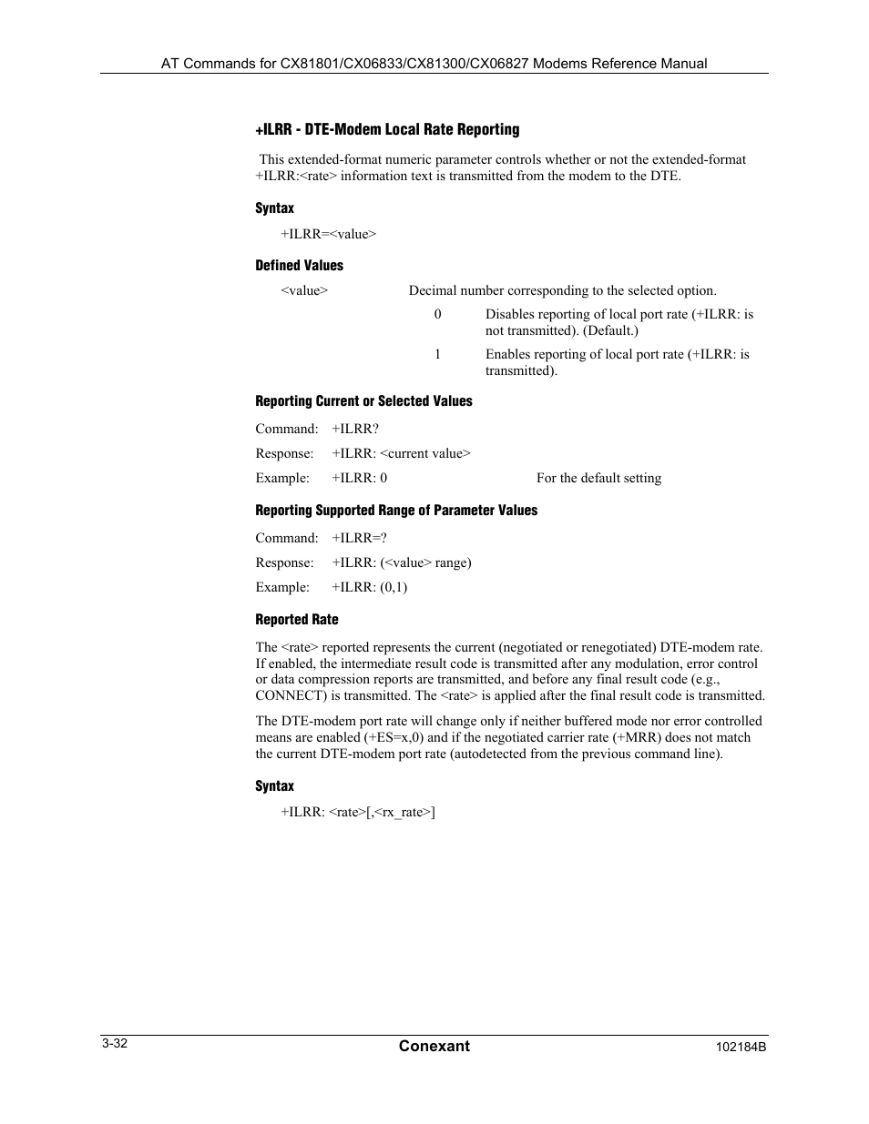 Ilrr - dte-modem local rate reporting, Syntax, Defined values | Reporting current or selected values, Reporting supported range of parameter values, Reported rate | Comtrol AT Commands User Manual | Page 58 / 206