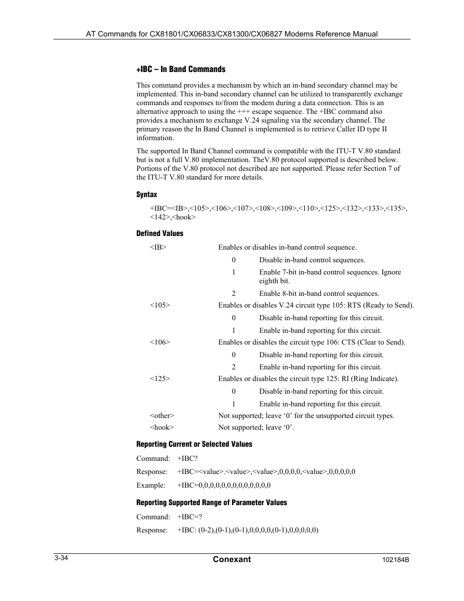 Ibc – in band commands, Syntax, Defined values | Reporting current or selected values, Reporting supported range of parameter values | Comtrol AT Commands User Manual | Page 60 / 206