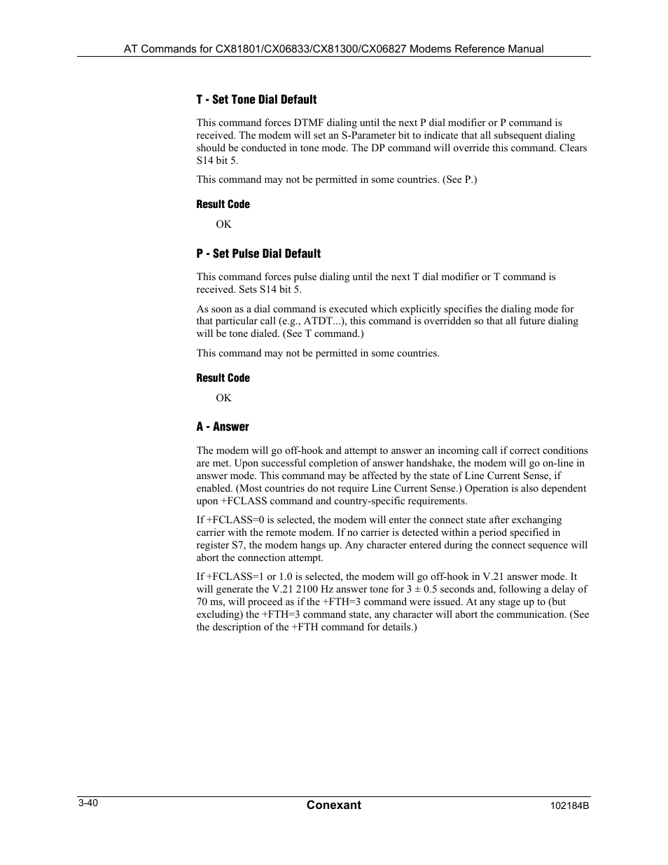 T - set tone dial default, Result code, P - set pulse dial default | A - answer | Comtrol AT Commands User Manual | Page 66 / 206