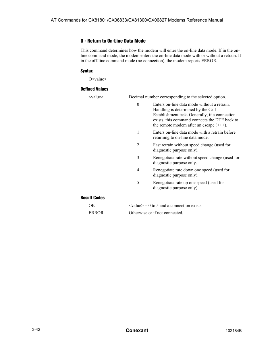 O - return to on-line data mode, Syntax, Defined values | Result codes | Comtrol AT Commands User Manual | Page 68 / 206