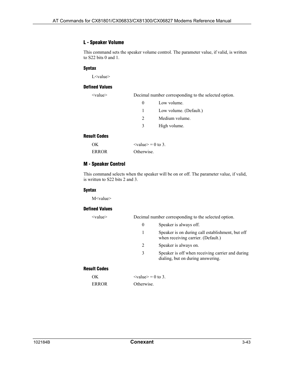 L - speaker volume, Syntax, Defined values | Result codes, M - speaker control | Comtrol AT Commands User Manual | Page 69 / 206