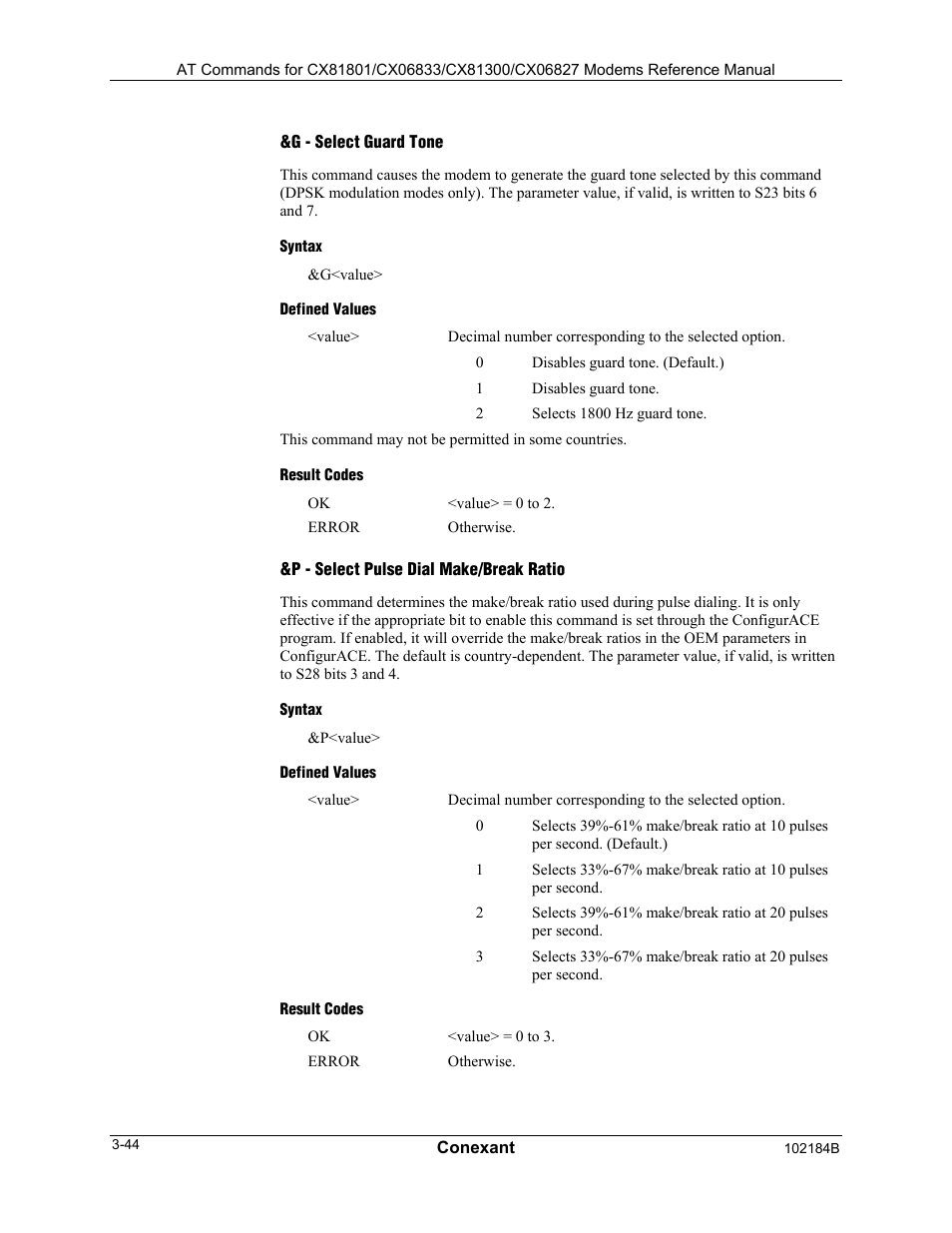 G - select guard tone, Syntax, Defined values | Result codes, P - select pulse dial make/break ratio | Comtrol AT Commands User Manual | Page 70 / 206