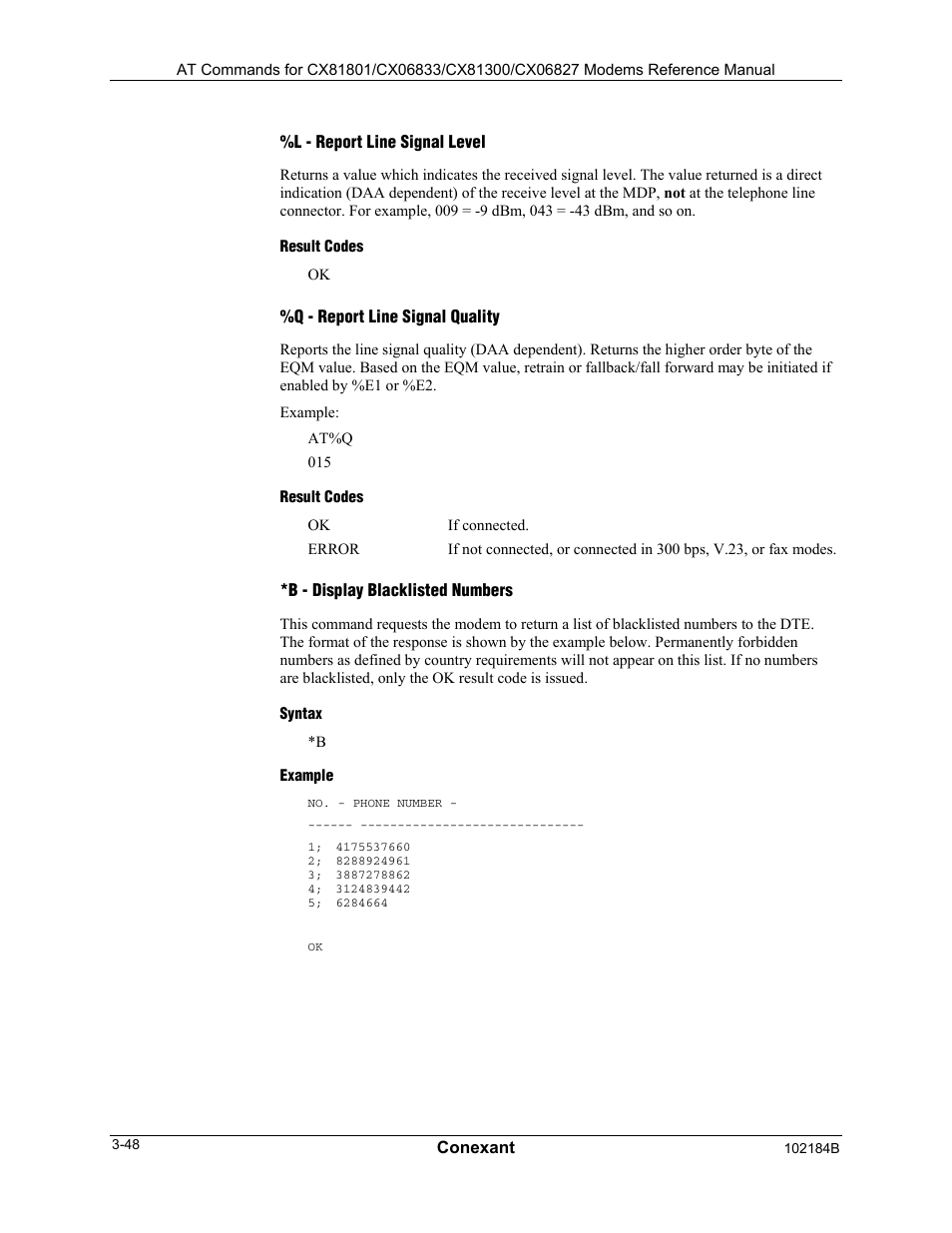 L - report line signal level, Result codes, Q - report line signal quality | B - display blacklisted numbers, Syntax, Example | Comtrol AT Commands User Manual | Page 74 / 206