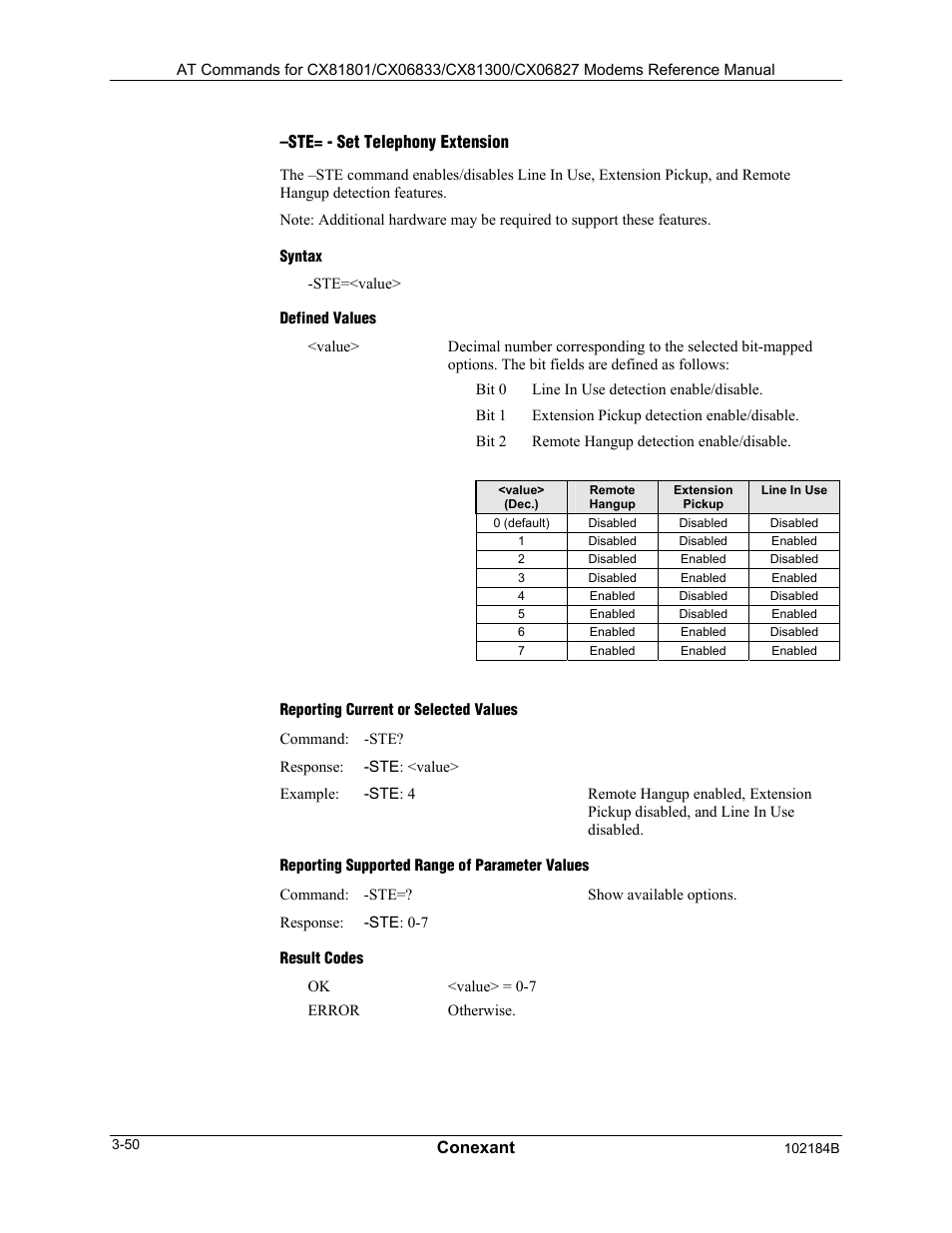 Ste= - set telephony extension, Syntax, Defined values | Reporting current or selected values, Reporting supported range of parameter values, Result codes | Comtrol AT Commands User Manual | Page 76 / 206