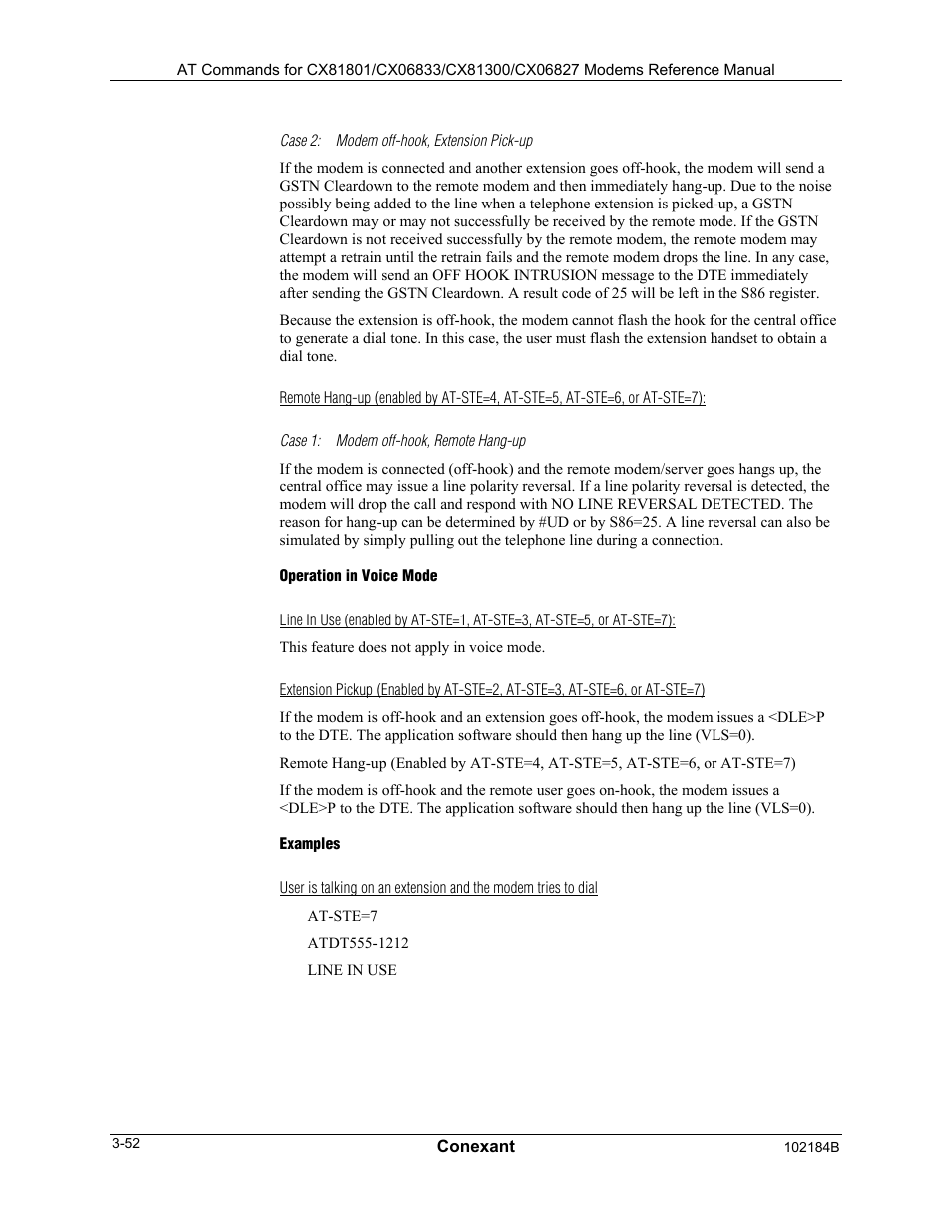 Case 2:modem off-hook, extension pick-up, Case 1:modem off-hook, remote hang-up, Operation in voice mode | Examples | Comtrol AT Commands User Manual | Page 78 / 206