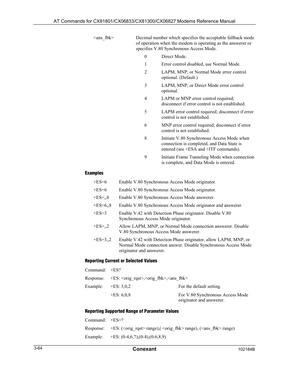 Examples, Reporting current or selected values, Reporting supported range of parameter values | Comtrol AT Commands User Manual | Page 90 / 206