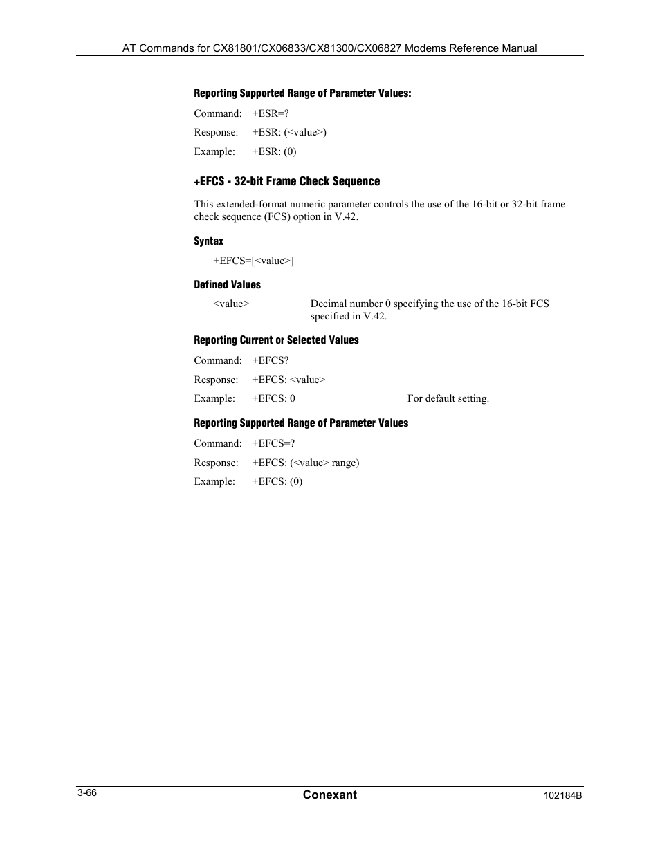 Reporting supported range of parameter values, Efcs - 32-bit frame check sequence, Syntax | Defined values, Reporting current or selected values | Comtrol AT Commands User Manual | Page 92 / 206