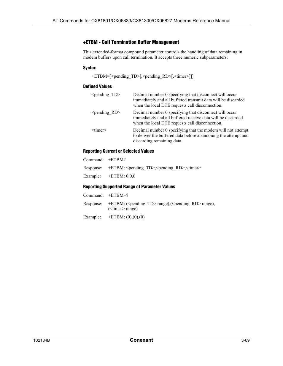 Etbm - call termination buffer management, Syntax, Defined values | Reporting current or selected values, Reporting supported range of parameter values | Comtrol AT Commands User Manual | Page 95 / 206