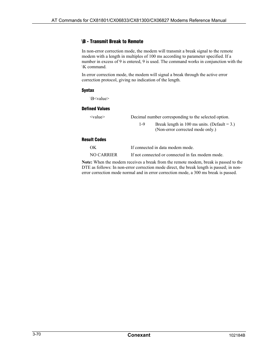 B - transmit break to remote, Syntax, Defined values | Result codes | Comtrol AT Commands User Manual | Page 96 / 206