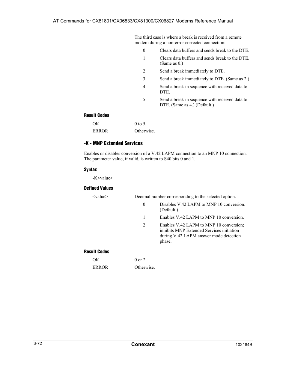 Result codes, K - mnp extended services, Syntax | Defined values | Comtrol AT Commands User Manual | Page 98 / 206