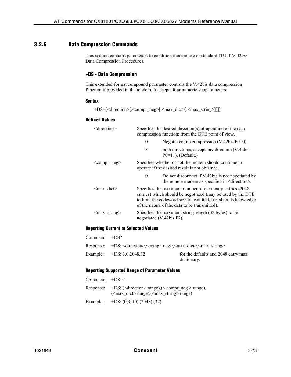 Data compression commands, Ds - data compression, Syntax | Defined values, Reporting current or selected values, Reporting supported range of parameter values | Comtrol AT Commands User Manual | Page 99 / 206