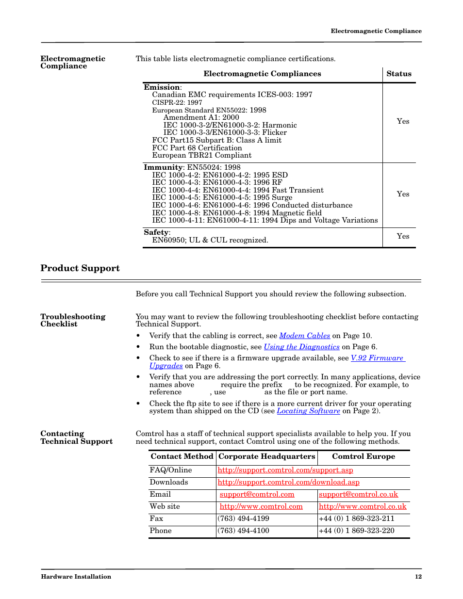 Electromagnetic compliance, Product support, Troubleshooting checklist | Contacting technical support | Comtrol RM III V.90 User Manual | Page 12 / 13