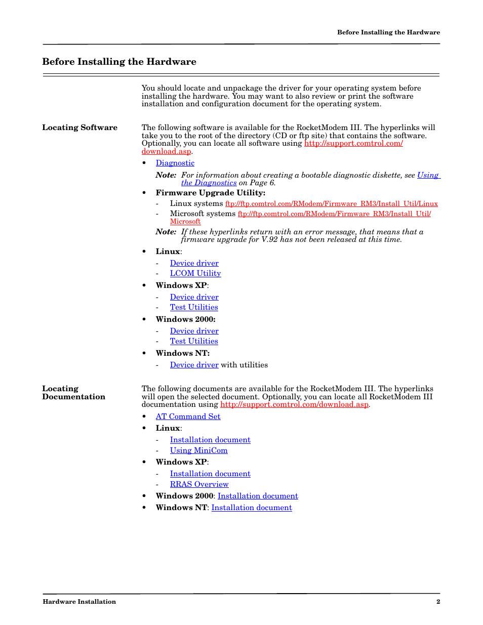 Before installing the hardware, Locating software, Locating documentation | Comtrol RM III V.90 User Manual | Page 2 / 13