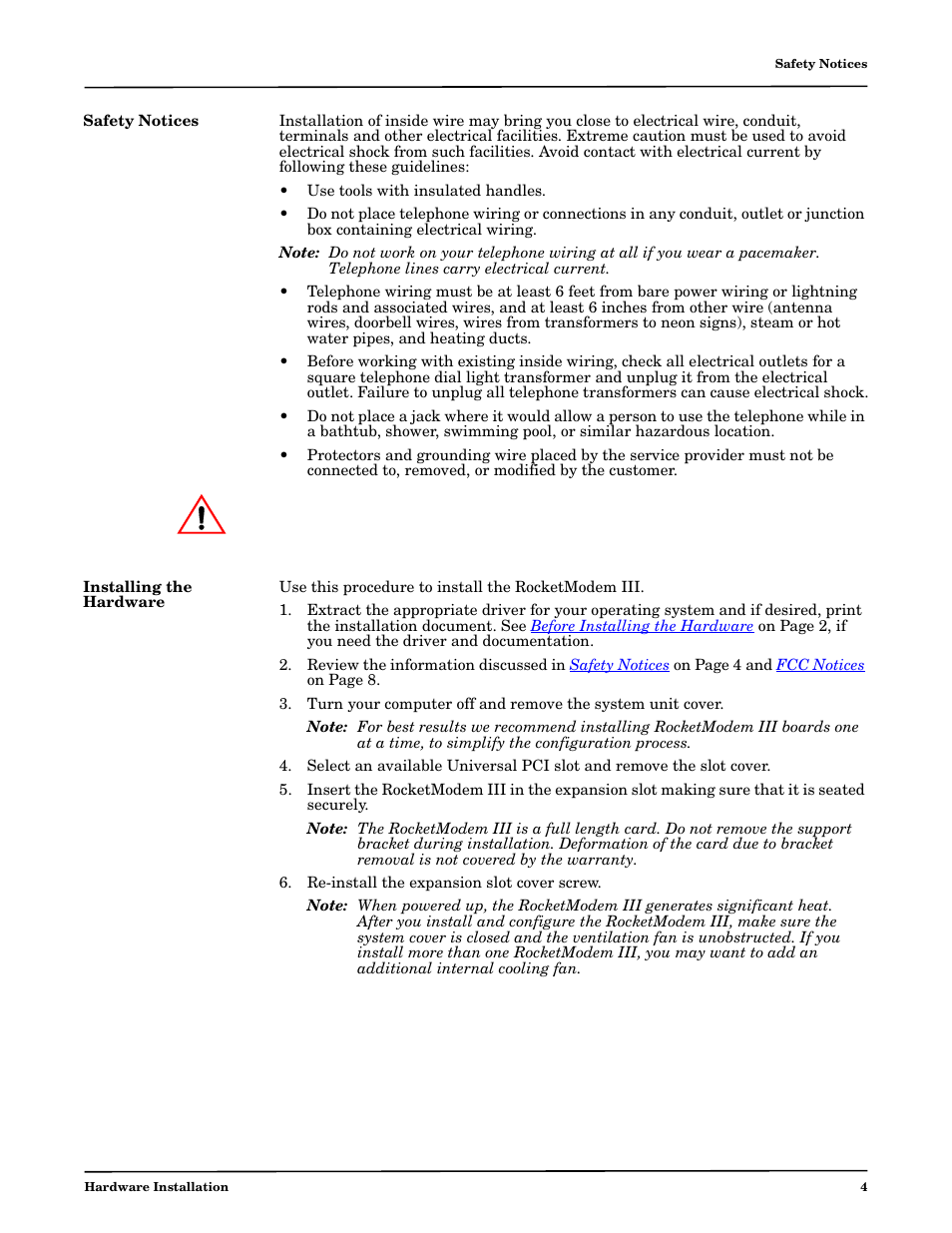Safety notices, Installing the hardware | Comtrol RM III V.90 User Manual | Page 4 / 13